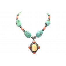 Handmade Tibetan Necklace Sterling Silver Natural Jade Turquoise & Coral Stone B